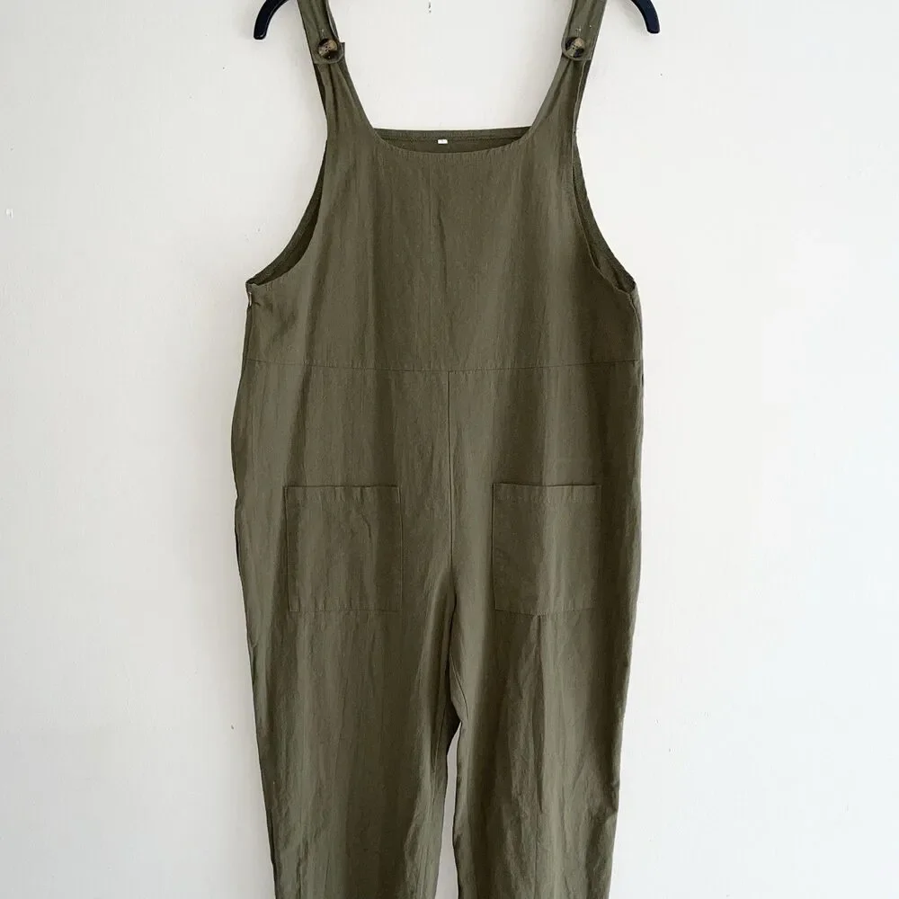 Lagenlook Overall Womens Size L Hunter Green Cotton Blend Slouchy Lightweight - Picture 3 of 10